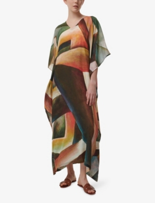 Leem Womens  Graphic-print V-neck Woven Kaftan In Multi-coloured