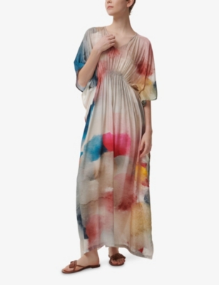 LEEM WOMENS BLUE AQUARELLE PRINTED KAFTAN 