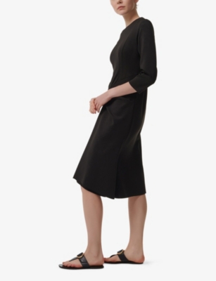 LEEM WOMENS BLACK PLEATED-WAIST QUARTER-SLEEVE STRETCH-WOVEN MIDI DRESS 