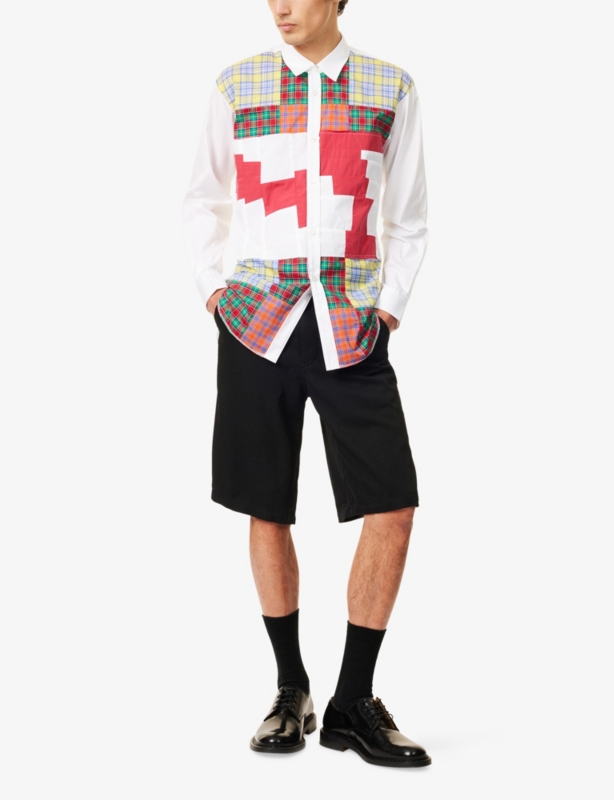Check-Print Curved-Hem Cotton-Poplin Shirt