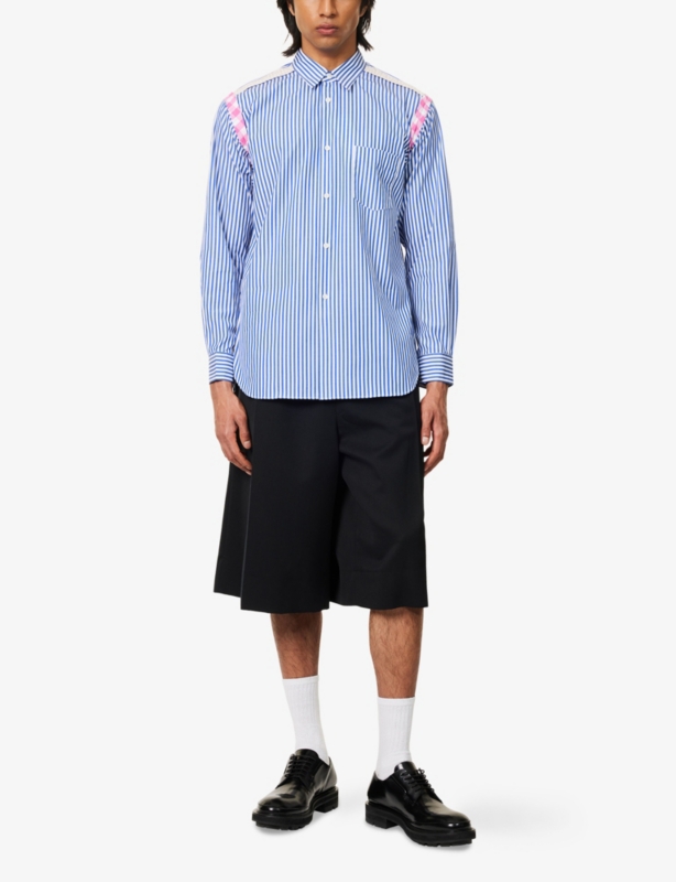 Stripe Check-Trim Long-Sleeve Cotton Shirt