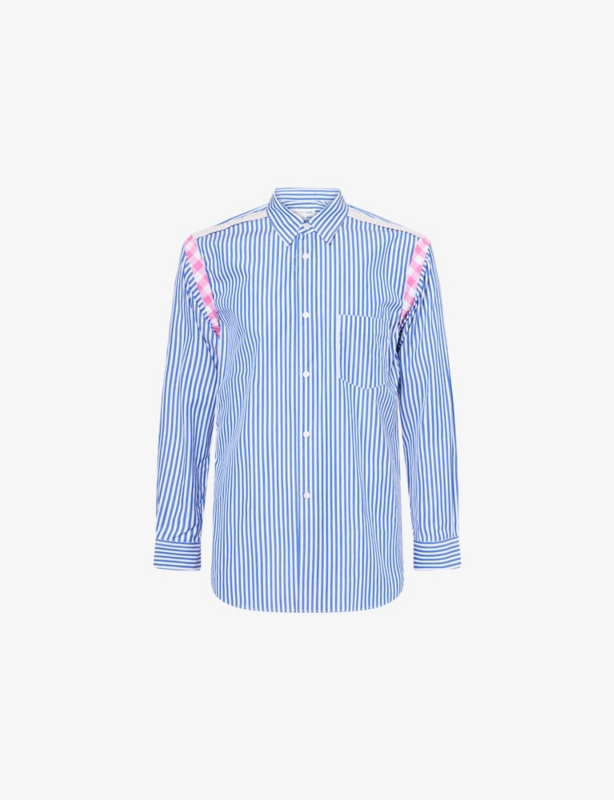 Stripe Check-Trim Long-Sleeve Cotton Shirt