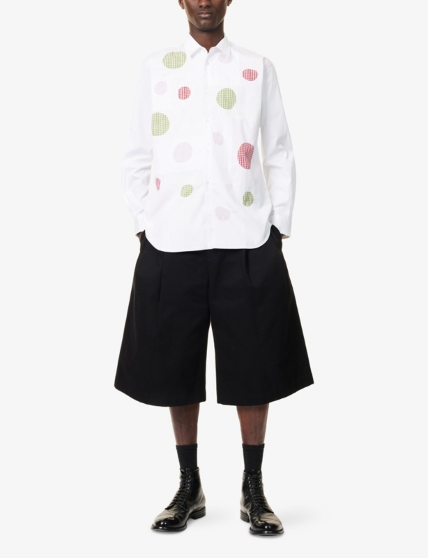 Check-Pattern Circle-Patch Cotton Shirt