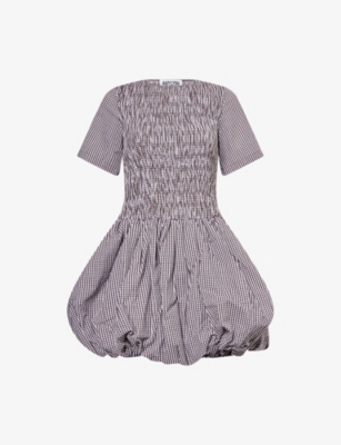 AMY LYNN WOMENS CHOCOLATE ELEANOR GINGHAM-PRINT PUFFBALL COTTON MINI DRESS