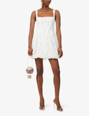 Amy Lynn Womens White Lisa Sequin-embellished Puffball Lace Mini Dress In White