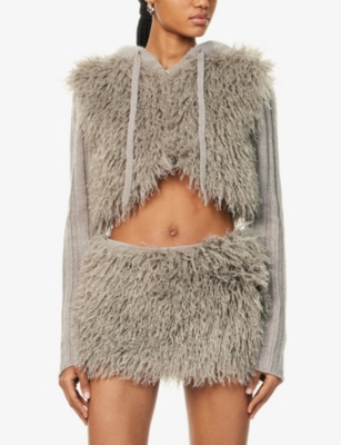 JADED LONDON WOMENS JADED LONDON HAKA MONGOLIAN HOODED FAUX-FUR AND KNIT JACKET 