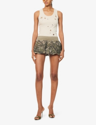 JADED LONDON WOMENS WOODLAND CAMO PUFFBALL COTTON-CANVAS MINI SKIRT 