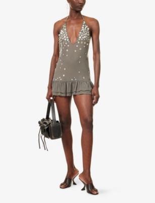 Jaded London Womens Khaki Button Me Up Layered Chiffon Mini Dress In Neutral