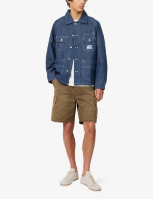 Story Mfg. Mens Dark Denim Circuit Patch-pocket Cotton Denim Jacket In Blue