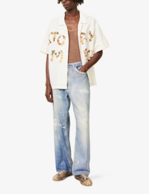 Story Mfg. Mens Ecru Greetings Relaxed-fit Cotton And Linen Shirt In White