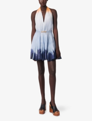 Shop Maje Womens Tie-dye Halterneck Cotton Mini Dress Blue Tie And Dye Print