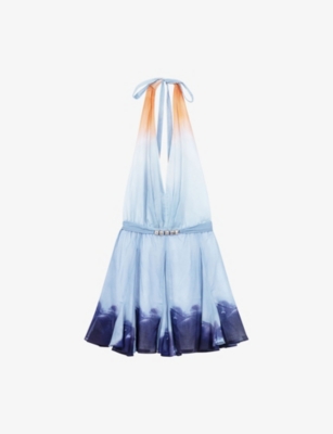 Shop Maje Womens Tie-dye Halterneck Cotton Mini Dress Blue Tie And Dye Print