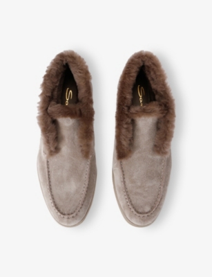 Santoni Grey Suede Ankle Boots With Fur Trim In Brown
