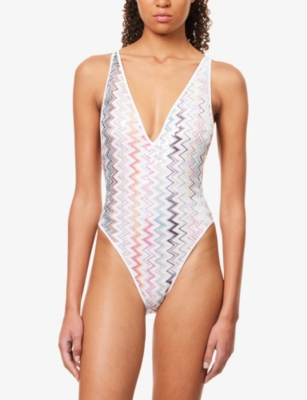 Missoni Womens Multicolor Chevron-knit Sequin Swimsuit In White