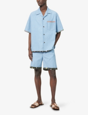 Shop Valentino Mens Denim Blu Lav Chiaro Floral-trim Faded-wash Denim Shorts
