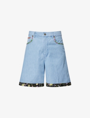 Shop Valentino Mens Denim Blu Lav Chiaro Floral-trim Faded-wash Denim Shorts