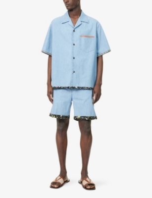 VALENTINO GARAVANI: Floral-Trim Short-Sleeve Denim Shirt