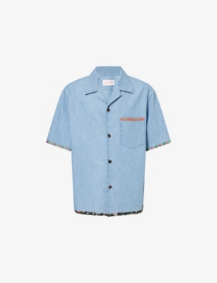 Valentino Mens Denim Blu Lav Chiaro Floral-trim Short-sleeve Denim Shirt