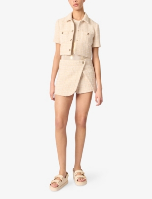 Maje Womens Metallic Tweed-textured Cropped Cotton-blend Jacket Beige In Beige