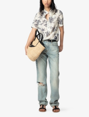 Shop Zadig & Voltaire Womens Ecru Palm-print Short-sleeved Cotton Shirt