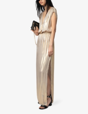 ZADIG & VOLTAIRE WOMENS GOLD RITMIC DRAPED SATIN MAXI DRESS 