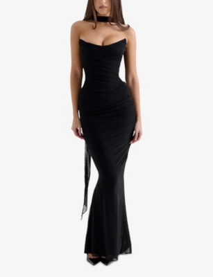 HOUSE OF CB OF CB WOMENS BLACK CASSIDY FLUTED-HEM MESH MAXI SKIRT 