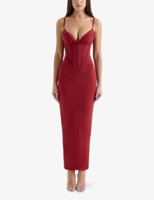 House Of Cb Womens Romy Mesh Bodycon Stretch-woven Maxi Dress Wine In Wine