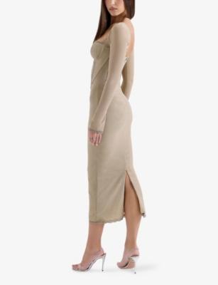 HOUSE OF CB OF CB WOMENS BEIGE MESH SAISHA LONG-SLEEVE LACE MIDI DRESS 
