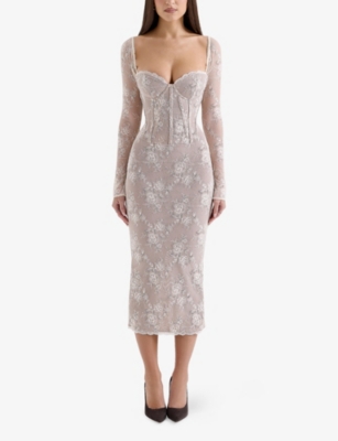 HOUSE OF CB OF CB WOMENS IVORY SAISHA LONG-SLEEVE LACE MIDI DRESS 