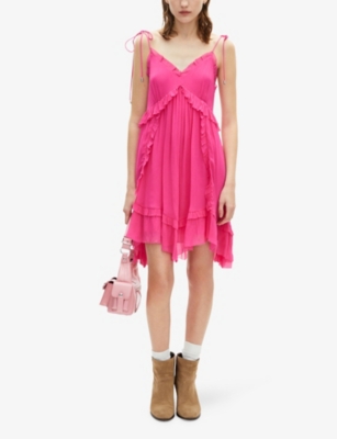 THE KOOPLES WOMENS FUSHIA V-NECK TIE-STRAP WOVEN MINI DRESS 