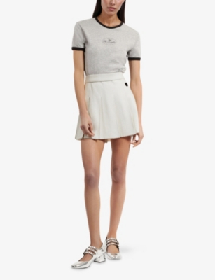 The Kooples Womens Logo Pleated Cotton-wool Blend Mini Skirt Ecru In Ecru