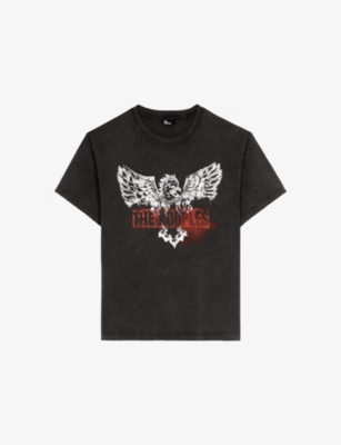 The Kooples Womens Black Washed Graphic-print Short-sleeve Cotton T-shirt