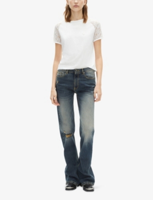 Shop The Kooples Womens Round-neck Lace-sleeve Cotton T-shirt Ecru