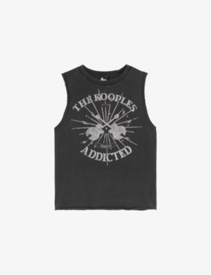 The Kooples Womens Black Washed Round-neck Graphic-print Sleeveless Cotton T-shirt