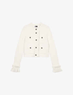 THE KOOPLES WOMENS ECRU WAFFLE RUFFLED-CUFF KNITTED CARDIGAN XS 