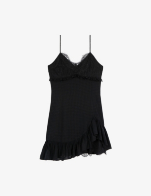 The Kooples Womens  Lace-embroidered Frill-hem Woven Mini Dress
