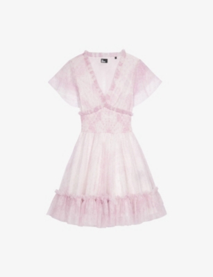 The Kooples Womens White - Pink V-neck Ruffle-trim Tulle Mini Dress