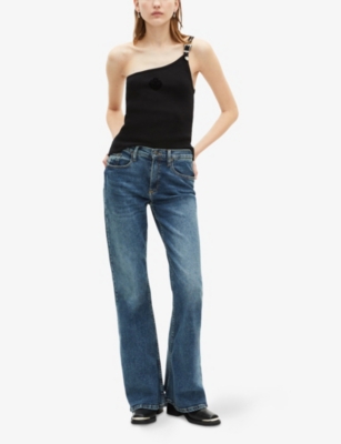 Shop The Kooples Womens Black One-shoulder Buckle-embellished Stretch-cotton Top