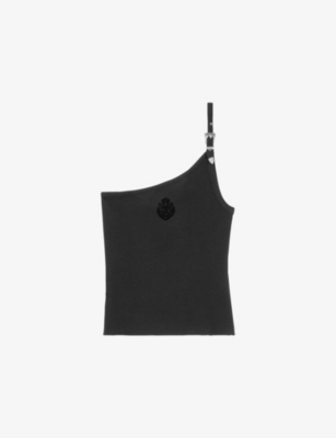 Shop The Kooples Womens Black One-shoulder Buckle-embellished Stretch-cotton Top