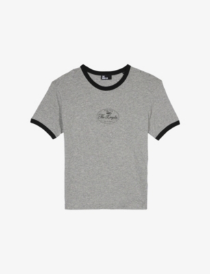 The Kooples Womens Grey Melange Branded-print Short-sleeved Cotton-jersey T-shirt