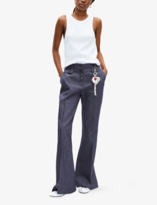 The Kooples Womens Button-down Flare-leg Cotton-linen Trousers Blue In Blue