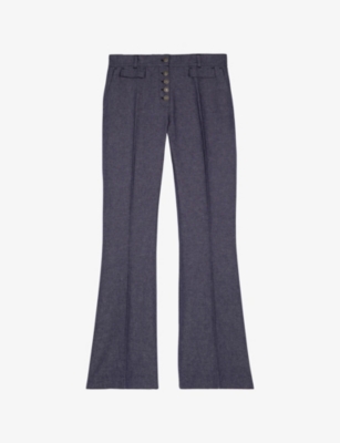 The Kooples Womens Button-down Flare-leg Cotton-linen Trousers Blue In Blue
