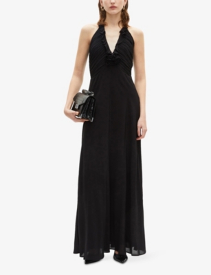 The Kooples Womens  Halter-neck Ruffle-trim Silk-blend Maxi Dress