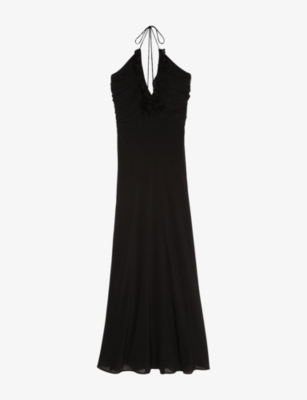The Kooples Womens  Halter-neck Ruffle-trim Silk-blend Maxi Dress