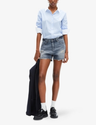 The Kooples Womens Baby Blue Wash-effect Distressed Denim Shorts In Baby Blue