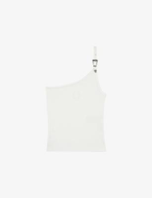 THE KOOPLES: One-Shoulder Buckle-Embellished Stretch-Cotton Top