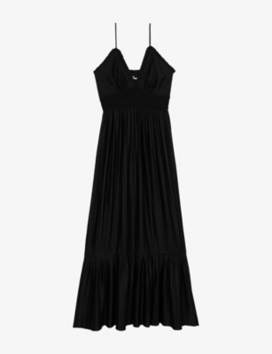 The Kooples Womens  V-neck Smocked-waist Satin Maxi Dress