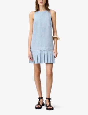 CLAUDIE PIERLOT: Sleeveless Pleated-Hem Denim Linen-Blend Mini Dress