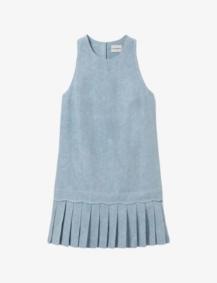 CLAUDIE PIERLOT: Sleeveless Pleated-Hem Denim Linen-Blend Mini Dress