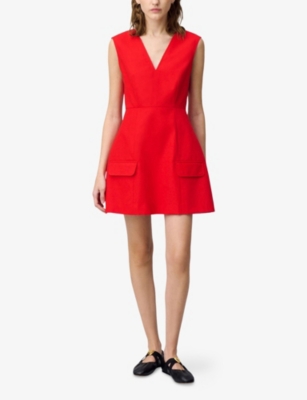 Claudie Pierlot Cotton V-neck Mini Dress In Red
